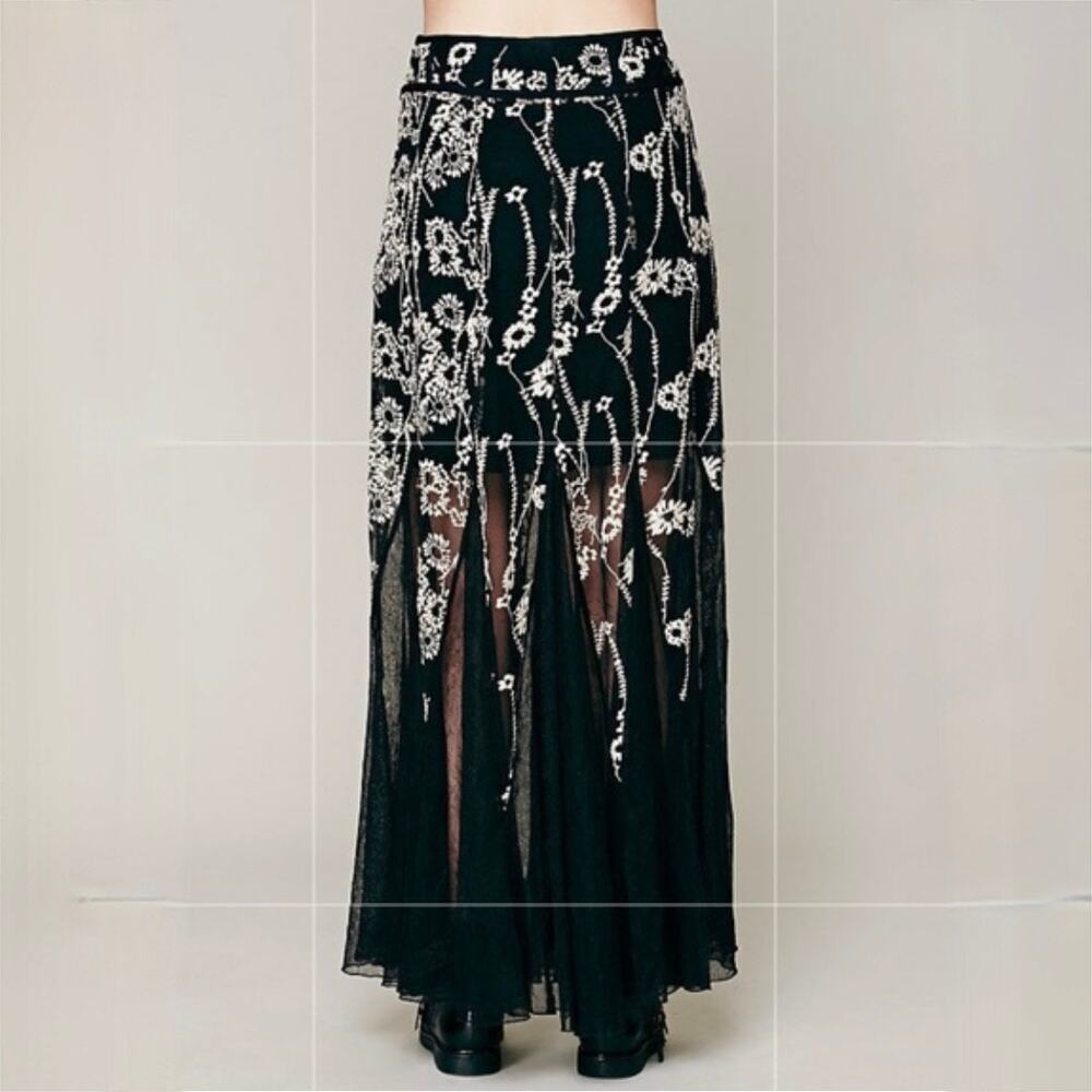 Free People Windswept Floral Embroidered Mesh Maxi Skirt - Black/White - Size 0